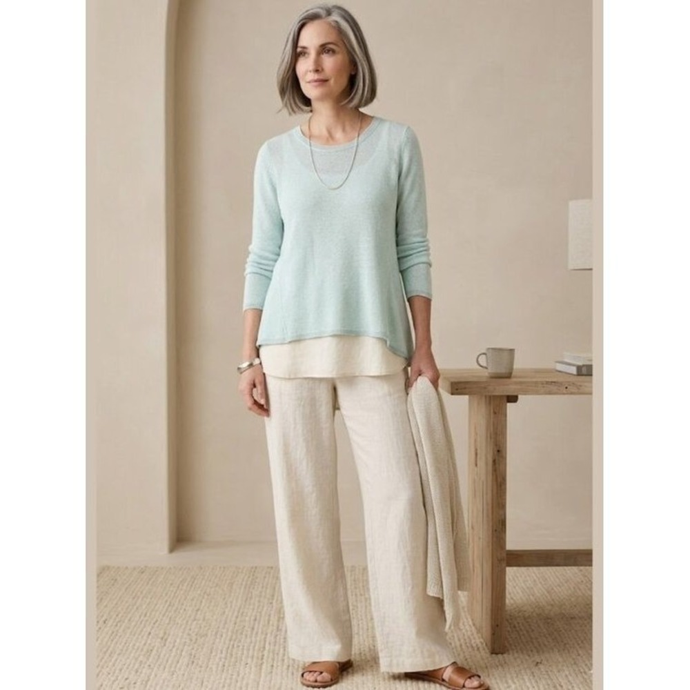 EILEEN FISHER Knit Linen Blend Sea Blue Asymmetrical Top Coastal Chic Beachy M